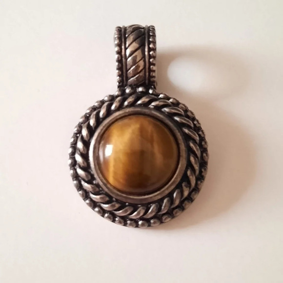 Premier Designs Antique Silver Pewter Brown Tiger Eye Cabochon Pendant - Picture 1 of 8
